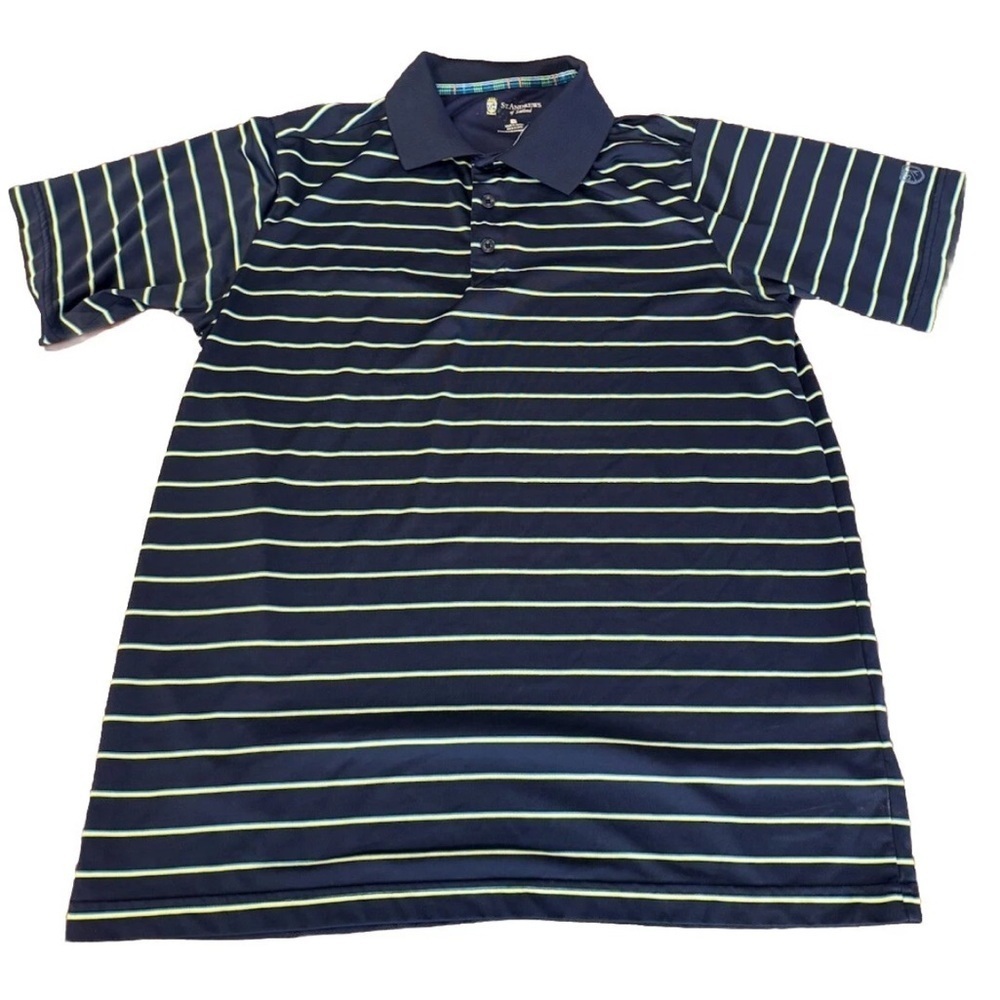 St. Andrews of Scotland Polo Golf Shirt Navy Blue & Green Striped Size Medium